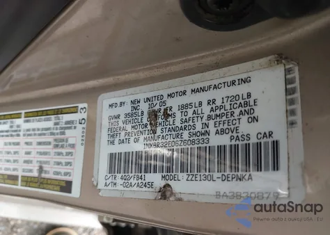 2006 Toyota Corolla Le from USA, damaged, VIN 1NXBR32E06Z608333